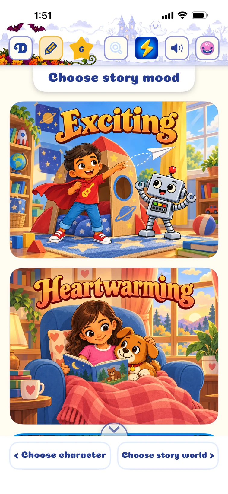 Choose the mood of their story in Dreambook’s iPhone layout.
