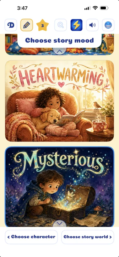 Choose the mood of their story in Dreambook’s iPhone layout.