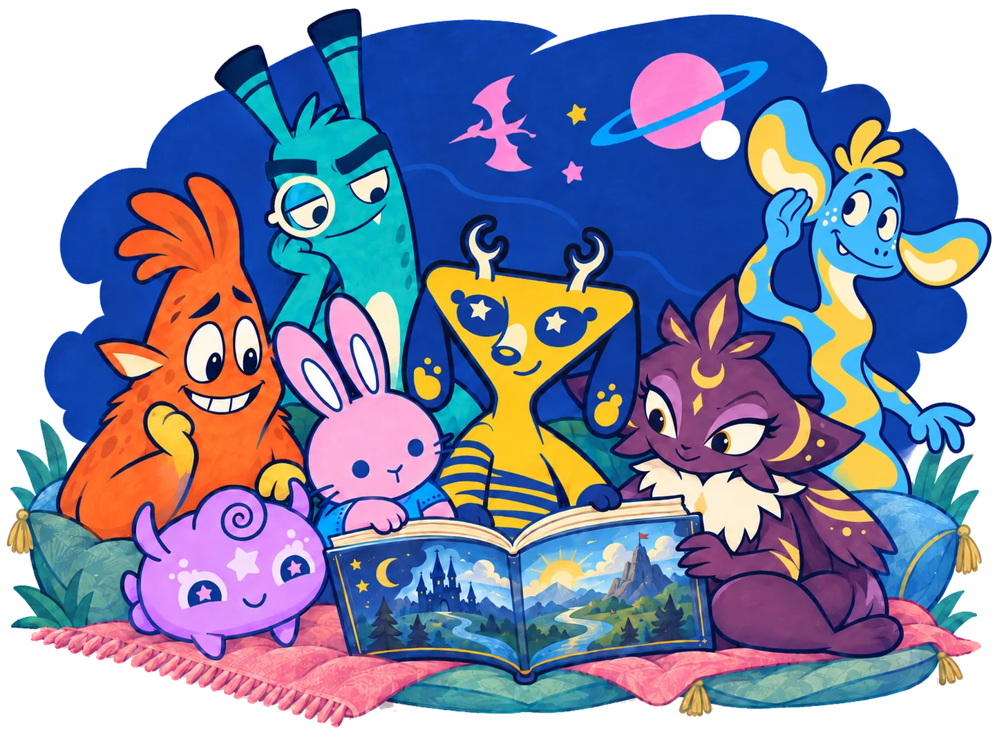 Deery, Bunny and their little purple friend gather with Charles, Andrew, Jennifer and Devon around an open storybook.