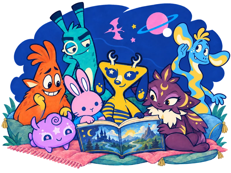 Deery, Bunny and their little purple friend gather with Charles, Andrew, Jennifer and Devon around an open storybook.