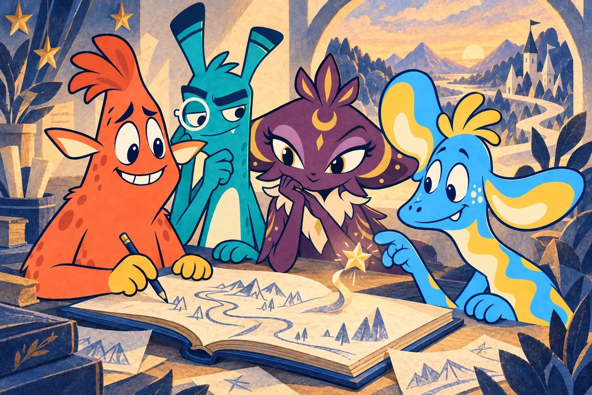 Charles, Andrew, Jennifer and Devon begin a creative adventure around a little blue storybook.