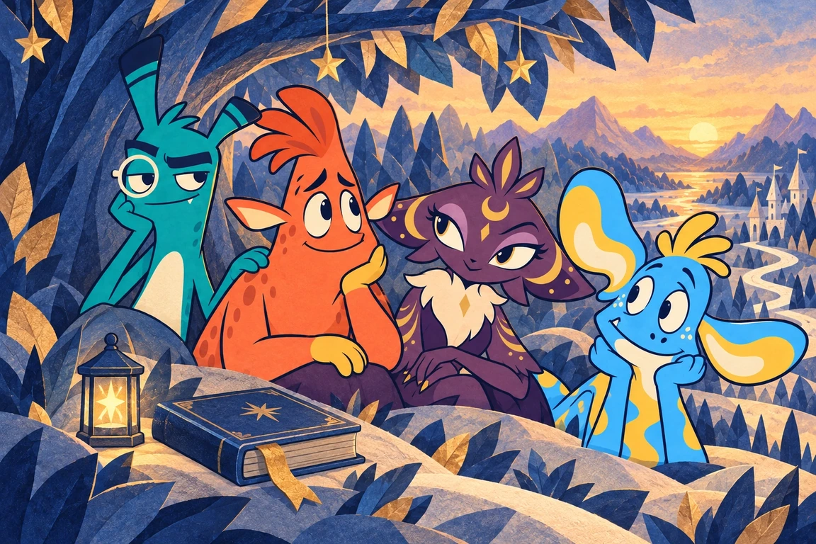The four friends rest together beneath a paper tree, keeping their place in a blue book with a golden bookmark.